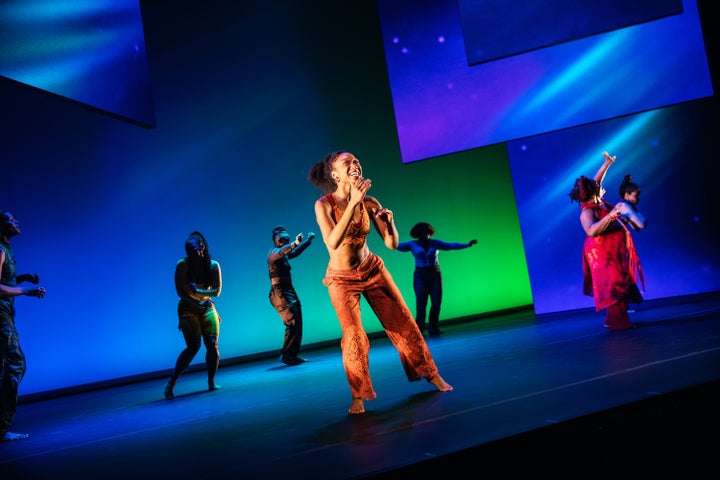 Left to right: Okpokwasili, Woods, Kuumba, Granderson, Sargeant, Miller and Wailes in "For Colored Girls."