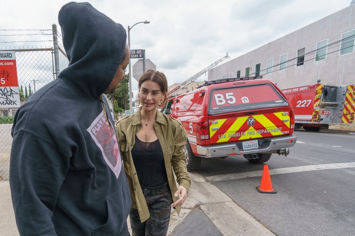 Aimée Osbourne thanks music producer Jamal Rajad Davis, outside a Hollywood recording studio in Los Angeles Friday, May 20, 2022