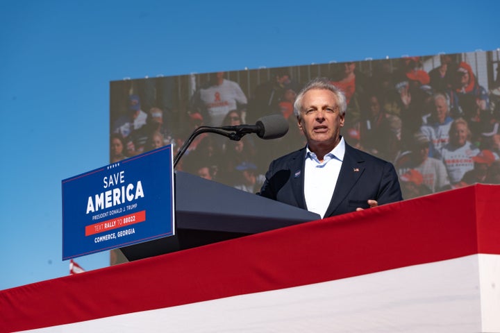 Georgia attorney general candidate John Gordon speaks to supporters of former President Donald Trump during a rally in March. Trump endorsed Gordon in his race against incumbent Attorney General Chris Carr (R), who has said Joe Biden legitimately won the 2020 election.