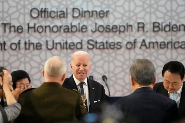 U.S. President Joe Biden and South Korean President Yoon Suk-yeol toast during the state dinner at the National Museum of Korea in Seoul.