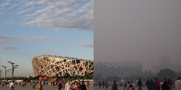 Beijing's National Stadium, better known as "the birds nest", on a clear and smoggy day.