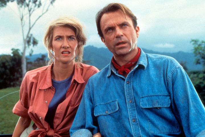 Laura Dern as Dr. Ellie Sattler and Sam Neill as Dr. Alan Grant in the original 1993 Jurassic Park movie.