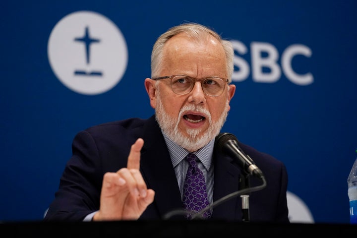 Pastor Ed Litton, of Saraland, Ala., answers questions after being elected president of the Southern Baptist Convention Tuesday, June 15, 2021, in Nashville, Tenn. On Tuesday, March 1, 2022, Litton announced he will break with tradition and not seek a second term in the top office. (AP Photo/Mark Humphrey, File)