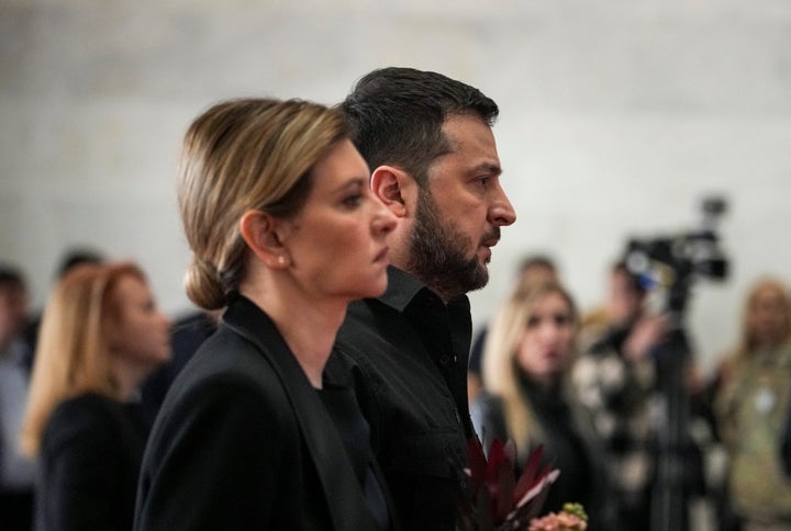 President of Ukraine Volodymyr Zelenskyy and and his wife Olena Zelenska attend the farewell ceremony of Leonid Kravchuk, independent Ukraine's first president, at the International Convention Center Ukrainian House, in Kyiv, Ukraine, on May 17, 2022.