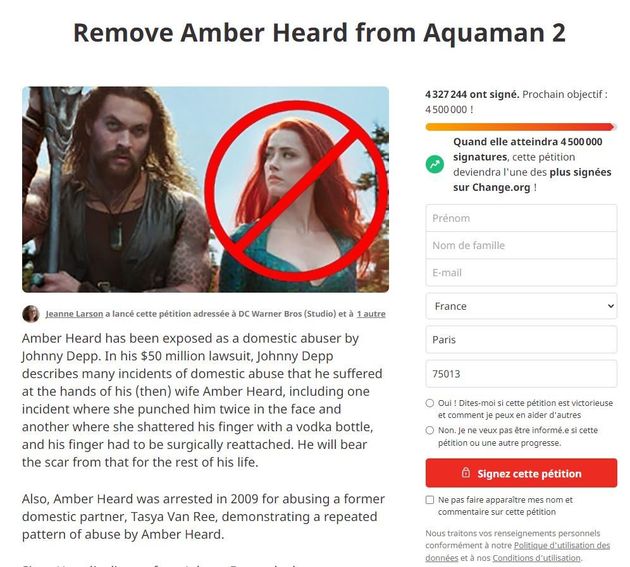 La pétition pour retirer Amber Heard du film Aquaman 2 a dépassé les 4 millions de