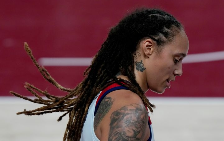 United States's Brittney Griner walks up court during women's basketball gold medal game against Japan at the 2020 Summer Olympics, on Aug. 8, 2021, in Saitama, Japan.