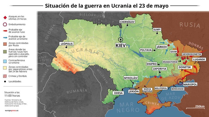 Mapa de situación de la guerra a 23 de marzo.