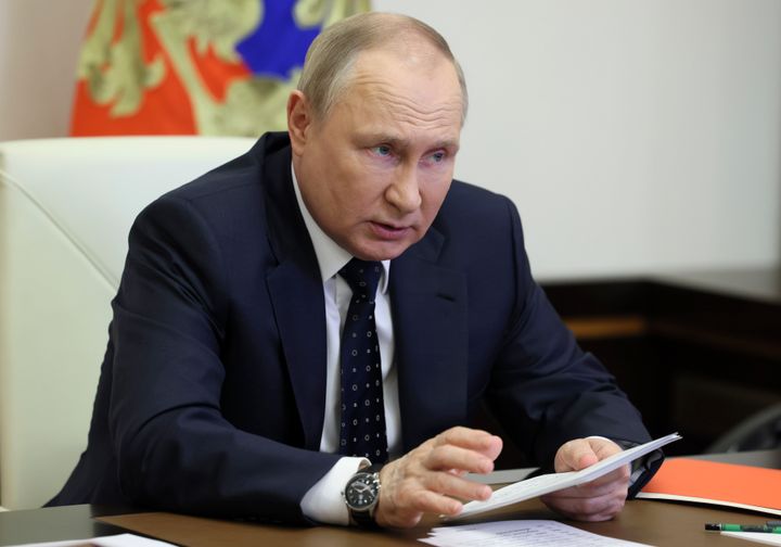 Russian President Vladimir Putin chairs a meeting with members of the Security Council via teleconference call at the Novo-Ogaryovo state residence outside Moscow, Russia, on May 20, 2022. (Mikhail Metzel, Sputnik, Kremlin Pool Photo via AP, File)
