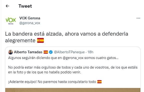 El tuit de Vox al que ha respondido la Falange Española de las JONS.