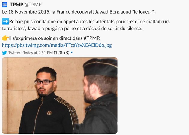 Le tweet de TPMP annonçant la venue de Jawad Bendaoud a été