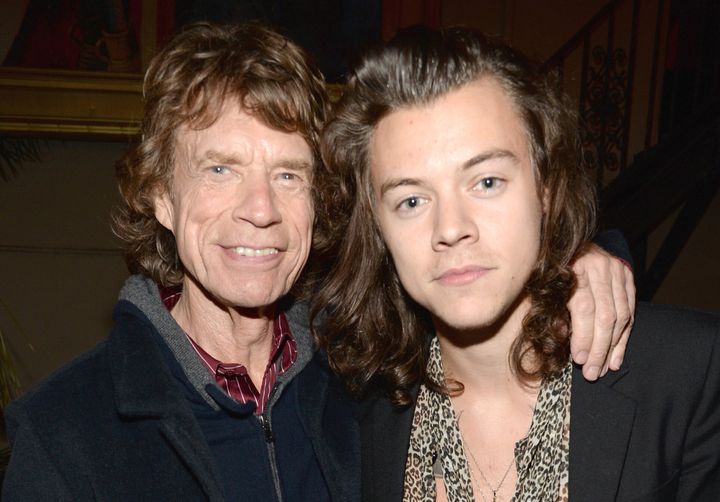 Mick Jagger poses with Harry Styles in 2015 at The Rolling Stones Los Angeles Club Show.