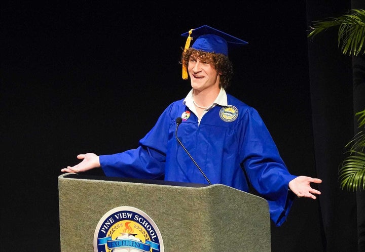 Pine View School graduate and class president Zander Moricz delivers his commencement speech at Van Wezel Performing Arts Hall in Sarasota, Florida, on Sunday.