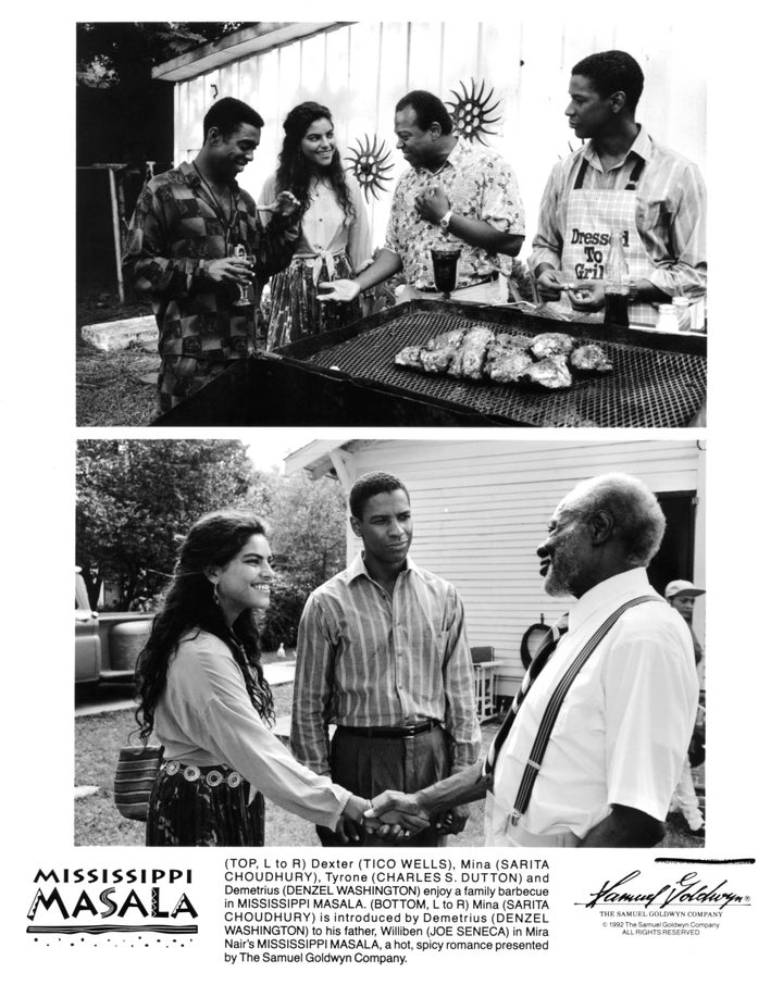 Actors Tico Wells, Sarita Choudhury, Charles S. Dutton, Joe Seneca and Denzel Washington on the set of "Mississippi Masala" circa 1991.