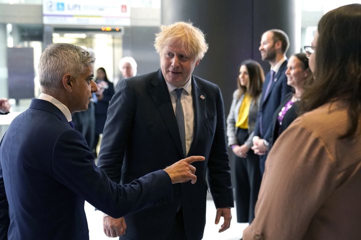 Boris Johnson with Sadiq Khan (left) at Paddington station in London, to mark the completion of London's Crossrail project. 