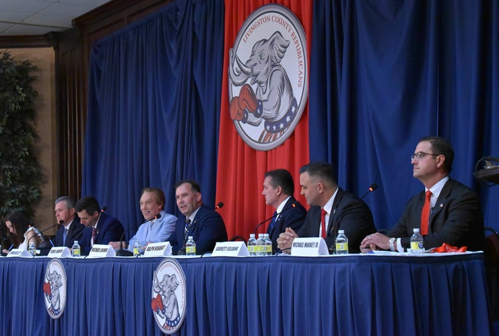 North Shores commentator Tudor Dixon, Metro Detroit business executive Kevin Rinke, Allendale real estate broker Ryan Kelley, Oakland County business executive Perry Johnson, state police Capt. Michael Brown, Oakland County pastor Ralph Rebandt, Mattawan chiropractor Garrett Soldano and Grand Haven financial adviser Michael Markey participate in the Livingston County Republican Party GOP Gubernatorial debate in Howell, Mich., on May 12.