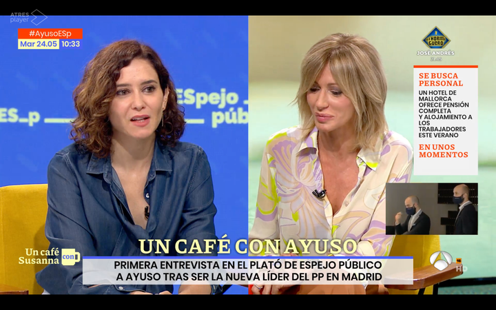 La presidenta de la Comunidad de Madrid, Isabel Díaz Ayuso junto a Susanna Griso en 'Espejo Público'.
