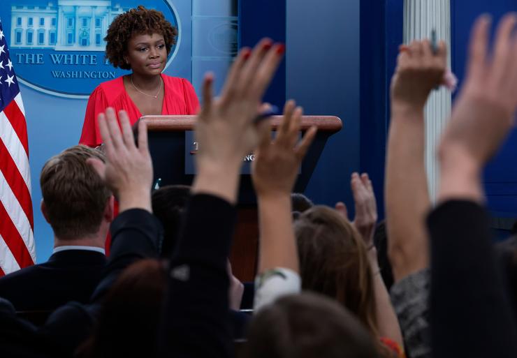 White House press secretary Karine Jean-Pierre holds her first news conference in the Brady Press Briefing Room at the White House on May 16, 2022.