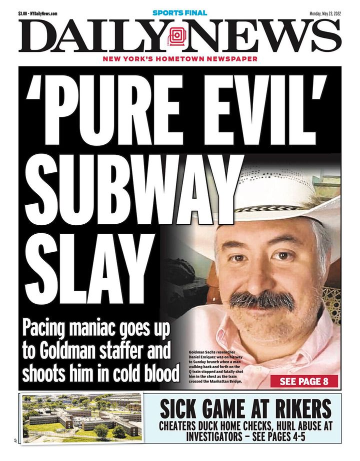 Daniel Enriquez's photo is seen on the front page of the New York Daily News following Sunday's shooting.