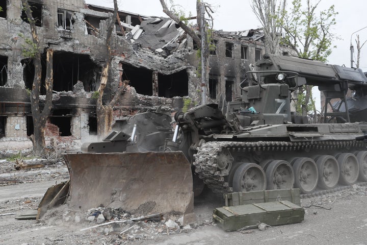 A military vehicle is seen at the Azovstal steel plant in Mariupol, May 22, 2022. (Photo by Victor/Xinhua via Getty Images)