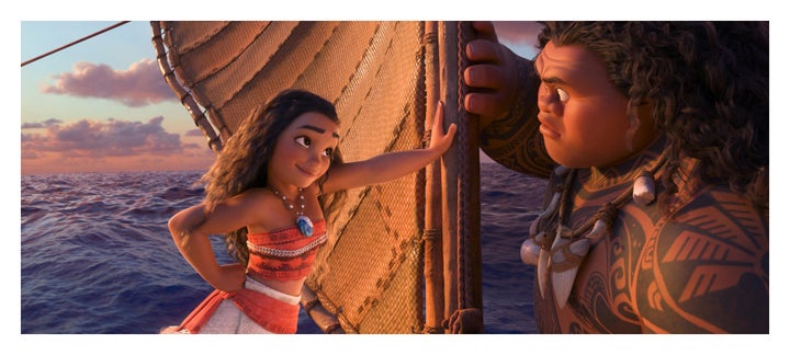 Moana (voiced by Auli'i Cravalho) and Maui (voiced by Dwayne Johnson) in Disney's "Moana."