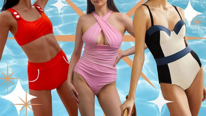 Get a modern take on vintage with this high-waisted scoop-neck two-piece, a bubblegum-pink ruched halter swimsuit and a '40s-inspired one-piece in a color-block print.
