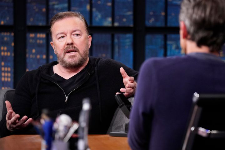 Ricky Gervais talked with "Late Night" host Seth Meyers on May 19, 2022.
