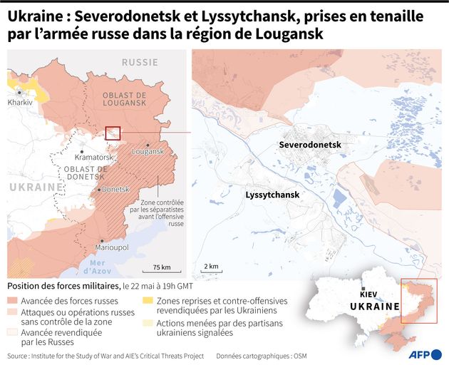 Carte de l'Est de l'Ukraine et zoom sur les localités de Severodonetsk et Lyssytchansk, quasiment encerclée...