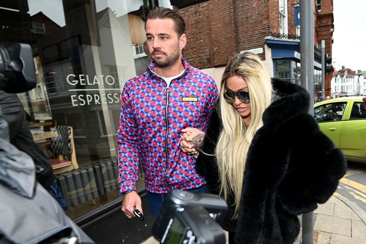 Katie Price arriving in court with fiancé Carl Woods on Wednesday morning