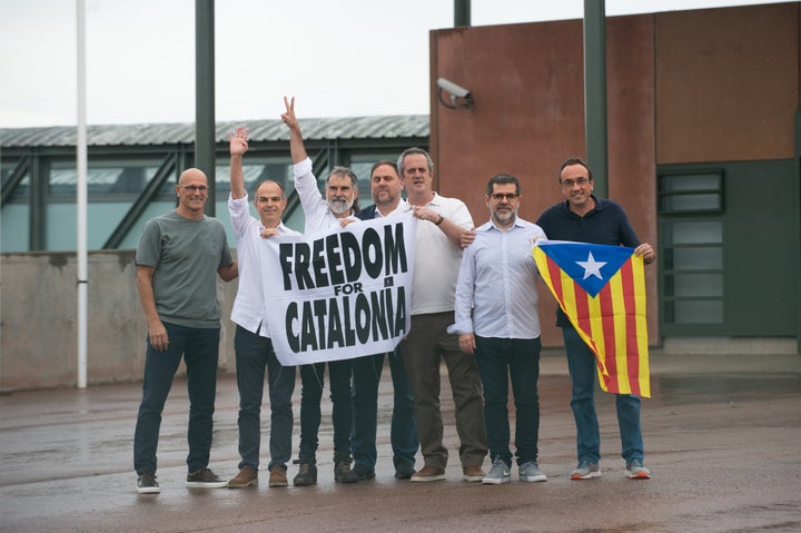 BARCELONA, SPAIN - JUNE 23: Catalan separatists Raul Romeva, Jordi Turull, Jordi Cuixart, Joaquim Forn, Jordi Sanchez, Josep Rull and Oriol Junqueras leave Lledoners jail in Sant Joan de Vilatorrada on June 23, 2021. (Photo by Adria Puig/Anadolu Agency via Getty Images)