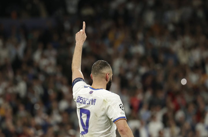 Benzema celebra su gol contra el Manchester City en las semifinales de la Champions el pasado 4 de mayo. (Burak Akbulut/Anadolu Agency via Getty Images)