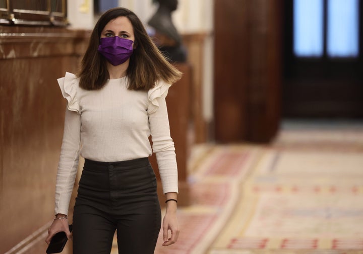 MADRID, SPAIN - MARCH 02: The Minister for Social Rights and Agenda 2030, Ione Belarra, on her arrival at a plenary session, at the Congress of Deputies, on 02 March, 2022 in Madrid, Spain. During the plenary session, the President of the Government announced that Spain will deliver offensive military equipment to the "Ukrainian resistance", thus reversing the initial position. Ukraine has been in the midst of a military conflict since Russia decided to invade the country on February 24. In view of this conflict, the USA and the EU have announced restrictive measures against Russia, such as the exclusion of Russian banks from SWIFT or the freezing of Central Bank assets. According to the latest information, during the night of March 1, several neighborhoods around Kiev (Ukraine) were shelled. On the other hand, the session takes place in the midst of an internal crisis of the PP with recent resignations and with the focus on the next extraordinary Congress of the party to be held on April 2 and 3. (Photo By Eduardo Parra/Europa Press via Getty Images)