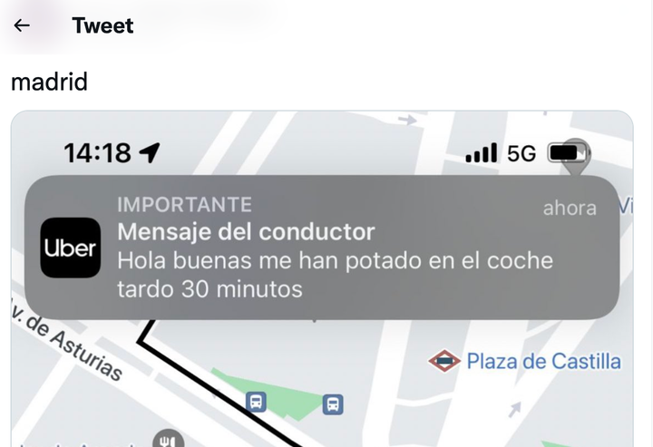Captura de un tuit con el mensaje que le mandó un conductor de Uber.