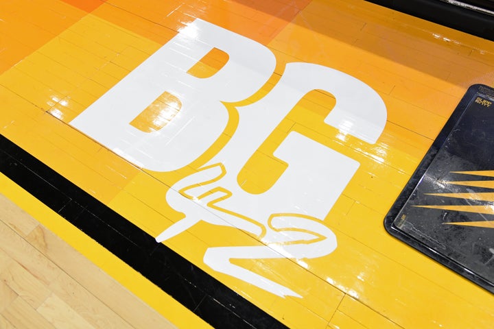 A floor decal on the sideline features the initials of Phoenix Mercury player Brittney Griner and her jersey number 42 before the game between the Dallas Mavericks and the Phoenix Suns during Game 5 of the 2022 NBA Playoffs Western Conference Semifinals, on May 10, 2022, at Footprint Center in Phoenix, Arizona.