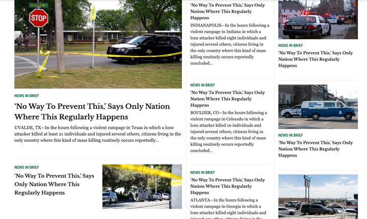 The Onion's dark homepage the day after a mass shooting at an elementary school in Uvalde, Texas.
