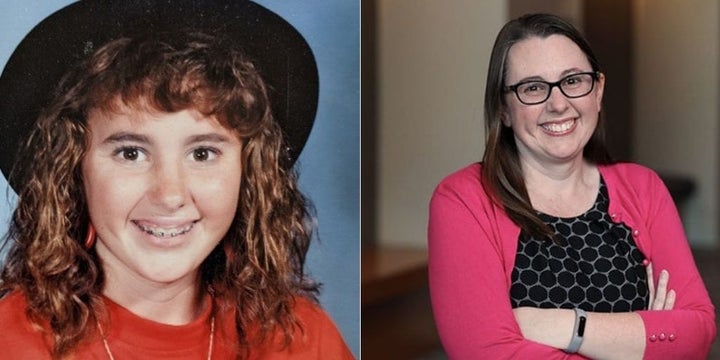 Shana Sweeney at age 14 when the shooting occurred. To the right, a photo of Sweeney today.