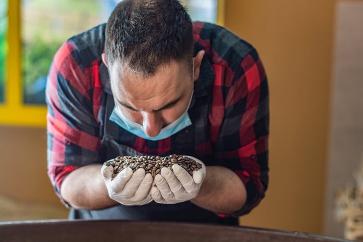 Owner in a coffee roaster shop checks the quality of roasted coffee wearing protective gloves