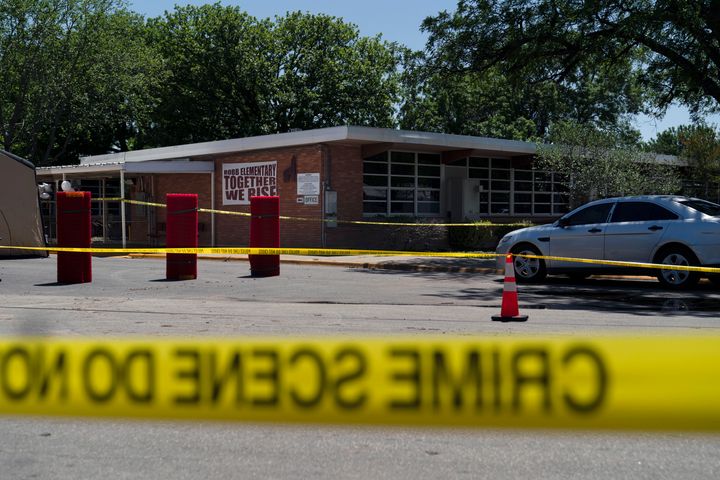 Crime scene tape surrounds Robb Elementary School in Uvalde, Texas, on May 25, 2022. 