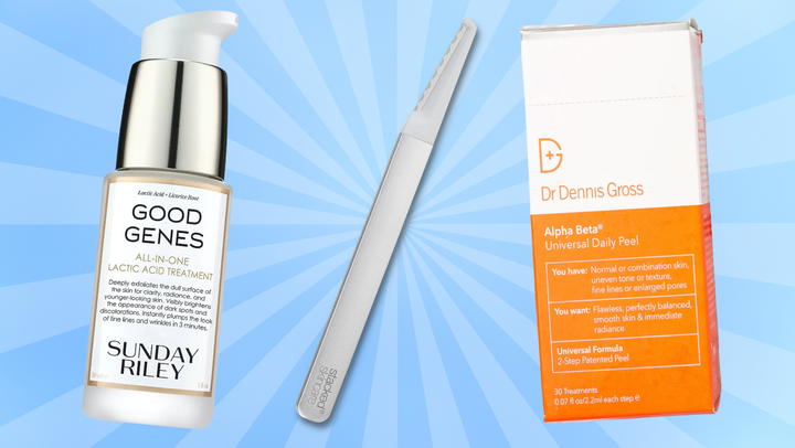 <a href="https://click.linksynergy.com/deeplink?id=Zb4jl9GtVeY&mid=2417&u1=faceexfoliation-KristenAdaway-052622-628fcba7e4b0b1d984533007&murl=https%3A%2F%2Fwww.sephora.com%2Fproduct%2Fgood-genes-all-in-one-lactic-acid-treatment-P309308" target="_blank" role="link" rel="sponsored" class=" js-entry-link cet-external-link" data-vars-item-name="Sunday Riley Good Genes all-in-one lactic acid treatment" data-vars-item-type="text" data-vars-unit-name="628fcba7e4b0b1d984533007" data-vars-unit-type="buzz_body" data-vars-target-content-id="https://click.linksynergy.com/deeplink?id=Zb4jl9GtVeY&mid=2417&u1=faceexfoliation-KristenAdaway-052622-628fcba7e4b0b1d984533007&murl=https%3A%2F%2Fwww.sephora.com%2Fproduct%2Fgood-genes-all-in-one-lactic-acid-treatment-P309308" data-vars-target-content-type="url" data-vars-type="web_external_link" data-vars-subunit-name="article_body" data-vars-subunit-type="component" data-vars-position-in-subunit="0">Sunday Riley Good Genes all-in-one lactic acid treatment</a>, <a href="https://click.linksynergy.com/deeplink?id=Zb4jl9GtVeY&mid=2417&u1=faceexfoliation-KristenAdaway-052622-628fcba7e4b0b1d984533007&murl=https%3A%2F%2Fwww.sephora.com%2Fproduct%2Fdermaplaning-tool-P441054" target="_blank" role="link" rel="sponsored" class=" js-entry-link cet-external-link" data-vars-item-name="Stacked Skincare's dermaplaning exfoliation tool" data-vars-item-type="text" data-vars-unit-name="628fcba7e4b0b1d984533007" data-vars-unit-type="buzz_body" data-vars-target-content-id="https://click.linksynergy.com/deeplink?id=Zb4jl9GtVeY&mid=2417&u1=faceexfoliation-KristenAdaway-052622-628fcba7e4b0b1d984533007&murl=https%3A%2F%2Fwww.sephora.com%2Fproduct%2Fdermaplaning-tool-P441054" data-vars-target-content-type="url" data-vars-type="web_external_link" data-vars-subunit-name="article_body" data-vars-subunit-type="component" data-vars-position-in-subunit="1">Stacked Skincare's dermaplaning exfoliation tool</a> and <a href="https://click.linksynergy.com/deeplink?id=Zb4jl9GtVeY&mid=2417&u1=faceexfoliation-KristenAdaway-052622-628fcba7e4b0b1d984533007&murl=https%3A%2F%2Fwww.sephora.com%2Fproduct%2Falpha-beta-universal-daily-peel-P377533" target="_blank" role="link" rel="sponsored" class=" js-entry-link cet-external-link" data-vars-item-name="Dr. Dennis Gross Skincare Alpha Beta universal daily peel" data-vars-item-type="text" data-vars-unit-name="628fcba7e4b0b1d984533007" data-vars-unit-type="buzz_body" data-vars-target-content-id="https://click.linksynergy.com/deeplink?id=Zb4jl9GtVeY&mid=2417&u1=faceexfoliation-KristenAdaway-052622-628fcba7e4b0b1d984533007&murl=https%3A%2F%2Fwww.sephora.com%2Fproduct%2Falpha-beta-universal-daily-peel-P377533" data-vars-target-content-type="url" data-vars-type="web_external_link" data-vars-subunit-name="article_body" data-vars-subunit-type="component" data-vars-position-in-subunit="2">Dr. Dennis Gross Skincare Alpha Beta universal daily peel</a>