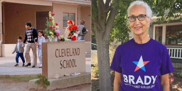 A man and two students at Cleveland Elementary School in Stockton on Jan 17, 1989, after a gunman killed five children and injured 30 others before turning the gun on himself. On the right, Julie Schardt, who was a second grade teacher at the school at the time.