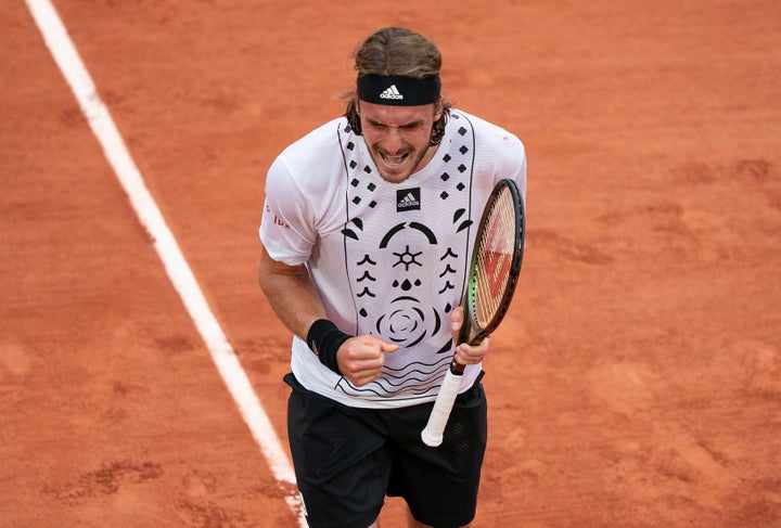 May 26, 2022; Paris, France; Stefanos Tsitsipas (GRE) reacts to winning the second set in his match against Zdenek Kolar (CZE) on day five of the French Open at Stade Roland-Garros. Mandatory Credit: Susan Mullane-USA TODAY Sports