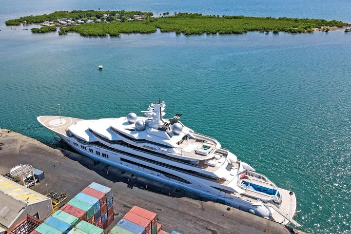 The superyacht Amadea is docked at the Queens Wharf in Lautoka, Fiji, on April 15, 2022.