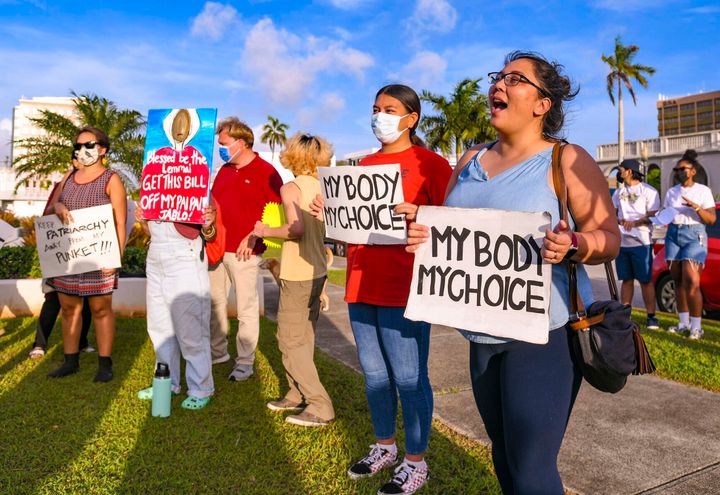 "My body, my choice!" resonates from protesters on the front lawn of the Guam Congress Building in Hagåtña during a protest as they voiced their concerns against the Guam Heartbeat Act of 2022 on April 27, 2022. 