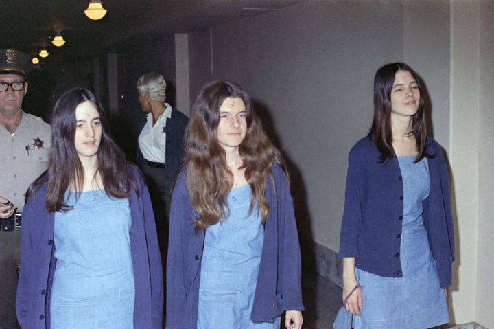 Patricia Krenwinkel, center, walked in court with fellow Charles Manson followers Susan Atkins and Leslie Van Houten in 1970.