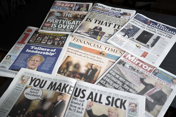 A photo of newspapers the day after Sue Gray's report was published.