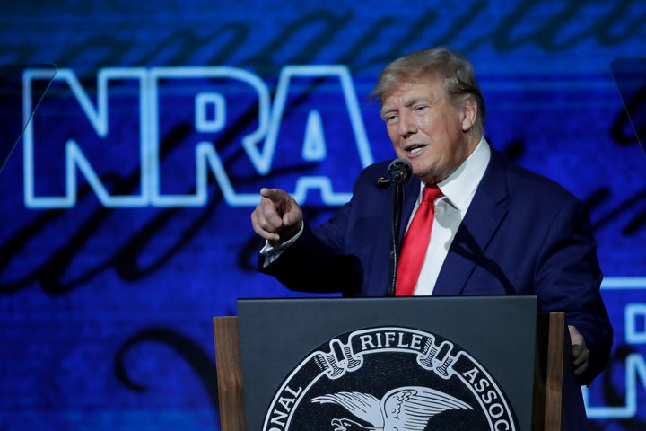 Former President Donald Trump speaks during the Leadership Forum at the National Rifle Association Annual Meeting at the George R. Brown Convention Center Friday, May 27, 2022, in Houston. (AP Photo/Michael Wyke)