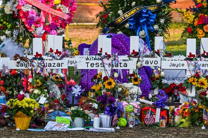 A makeshift memorial for last week's shooting victims is seen outside Robb Elementary School in Uvalde, Texas, on Saturday.