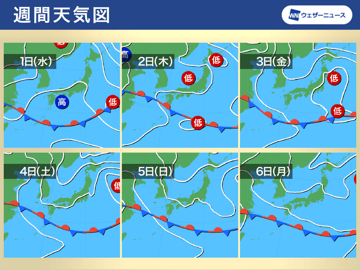 週間予想天気図 6月1日(水)～6月6日(月)