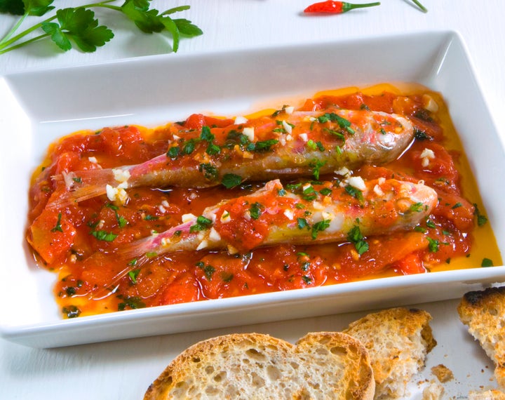 Triglie alla livornese, Red mullet in tomato sauce, Livorno, Leghorn style, Italy