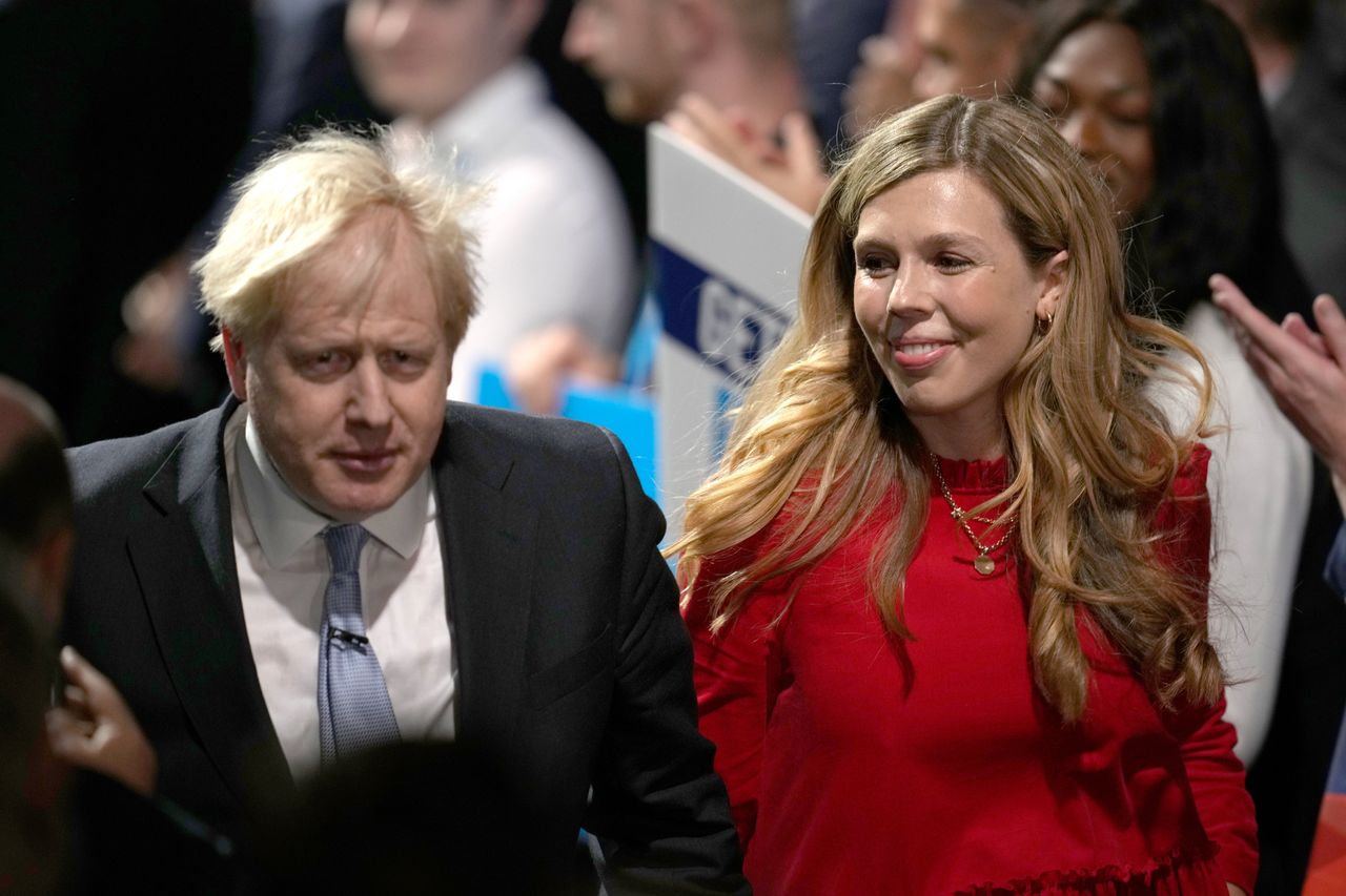 Boris Johnson and wife Carrie Johnson after delivering his keynote speech during the Conservative Party conference.
