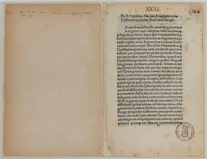 Η πρώτη περιγραφή της Αλώσεως της Κωνσταντινούπολης που κυκλοφόρησε σε έντυπη μορφή, συντάχθηκε από τον πάπα Πίο Β΄ (τιμή εκτίμησης 15.000 – 20.000 ευρώ). 